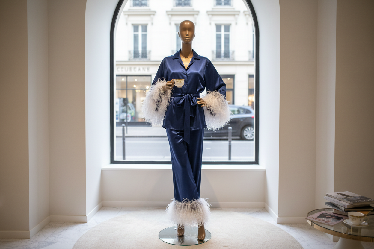 MANEQUIN AFRICAINE AVEC PYJAMA EN SATIN ELEGANTE AVEC LES PLUMES