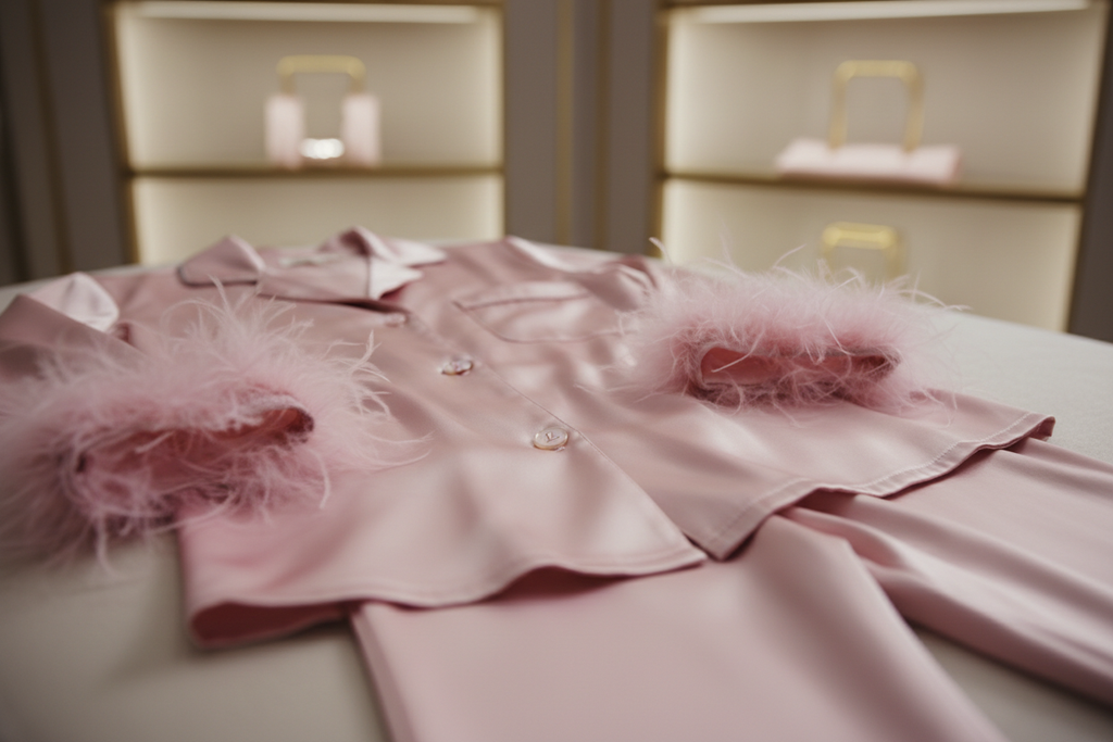 VIDEO ZOOMER DUN ENSEMBLE DE PYJAMA EN SATIN  ELEGANT ROSE AVEC PLUME MONTRANT LES DETAILS