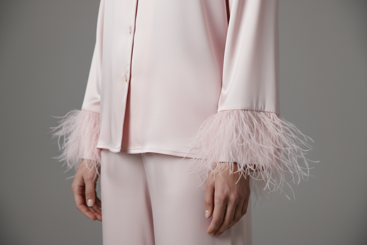 video zoomer dun ensemble de pyjama en satin elegant rose claire avec des plumes